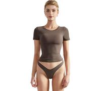 SUUKSESS Maglietta Basic da Donna, Girocollo, Maniche Corte, Doppio Rifinito, Y2K Crop Top, Moka, XS