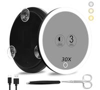 Suupvaor, specchio ingranditore 30x con luce, 3 colori dimmerabili, illuminato con 3 ventose, specchio da viaggio ad alto ingrandimento con pinzette e forbici