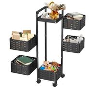 Suusolny Carrello da cucina universale con ruote a 360°, carrello per frutta, scaffale girevole in acciaio al carbonio, contenitore per cucina, ufficio, soggiorno, quadrato, 5 livelli, nero