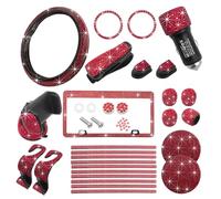 Suvnie Set di 27 accessori per auto da donna, con strass di cristallo, universali, per volante da 38 cm, telaio targa, supporto per telefono, finiture per presa dell'aria, sottobicchieri (rosso)