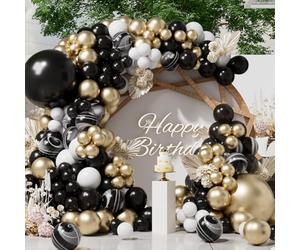 SUWEN Palloncini Nero e Oro 153Pezzi Kit Arco Diverse Misure 18 10 5 pollici Palloni Latex Marmo Nero Bianco e Oro Metallico per Decorazioni Feste Compleanno Matrimonio Capodanno Laurea Anniversario