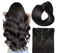 SUYYA Extension con clip in capelli veri, salon Remy, capelli umani, dritti e lisci, con clip doppia, 40 cm, 7 pezzi, 70 g, #1B, colore nero naturale