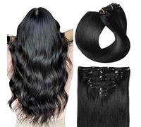 SUYYA Extension con clip in capelli veri, salon Remy, extension per capelli umani, dritte, lisce, con clip, doppia cucitura, 55 cm, 7 pezzi, 100 g, #1, nero profondo