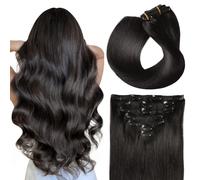 SUYYA Extension con clip in capelli veri, salon Remy, extension per capelli umani, dritte, lisce, con clip, doppia cucitura, 35 cm, 7 pezzi, 70 g, #1B, colore nero naturale