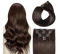 SUYYA Extension con clip in capelli veri, salon Remy, extension per capelli umani, dritte, lisce, con clip, doppia cucitura, 30 cm, 7 pezzi, 70 g, #2, marrone scuro