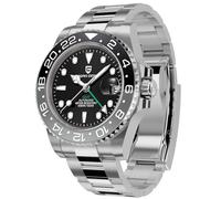 SUZAKU 1662 Orologio da uomo automatico GMT meccanico in acciaio inox 40 mm orologio zaffiro impermeabile luminoso moda orologio da uomo business, nero/grigio, Moderno