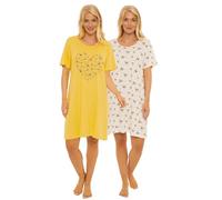 Suzy & Me Confezione da Donna di 2 Camicie da Notte in Jersey di Cotone 100% Maniche Corte. Disegni con Stampa Farfalla, Cuore, Piuma e Leopardo (Ape Gialla 52-54)