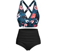Svanco Costume da Bagno Due Pezzi Donna Top Bikini Incrociato Slip A Vita Alta E Increspato Set Bikini Push Up Donne Costumi da Bagno Nero Fiori S