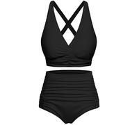 Svanco Costume da Bagno Due Pezzi Donna Top Bikini Incrociato Slip A Vita Alta E Increspato Set Bikini Push Up Donne Costumi da Bagno Nero S