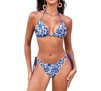 Svanco Costume Donna Due Pezzi Triangolo Bikini Imbottito con Collo Sospeso, Perle d'oro e Cordino Regolabile - Ideale per Mare