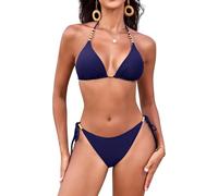 Svanco Costume Donna Due Pezzi Triangolo Bikini Imbottito con Collo Sospeso, Perle d'oro e Cordino Regolabile - Ideale per Mare