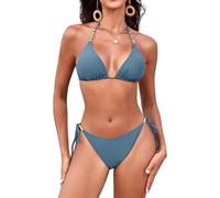 Svanco Costume Donna Due Pezzi Triangolo Bikini Imbottito con Collo Sospeso, Perle d'oro e Cordino Regolabile - Ideale per Mare