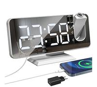 Sveglia con Proiettore, Schermo a LED a Specchio da 7.5", 4 Luminosità, Doppio Allarme con Porta USB, Sveglia Digitale con Proiettore ultra trasparente (Bianco con Adattatore)