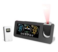 Sveglia con proiezione, stazione meteorologica con sensore esterno, proiettore per camera da letto Orologio dimmerabile Doppi allarmi Display LCD Data Ora Temperatura Umidità e previsioni del tempo