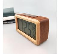 Sveglia digitale in legno con sensore integrato, luce notturna, pulsante snooze, regolazione della data e doppio display temperatura (legno marrone)