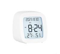 Sveglia digitale LCD con controllo vocale intelligente, retroilluminazione, monitor di temperatura e umidità, calendario e visualizzazione dei giorni feriali, formato 12/24 ore regolabile (bianco 1)