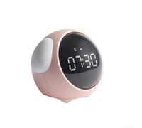 Sveglia digitale orientata ai bambini con display a LED curvo, pulsante snooze, letture a doppia temperatura, visualizzazione della data e attivazione della modalità notturna (rosa)