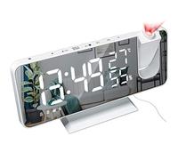 Sveglia Digitale, Radio Sveglia proiettore, Sveglia a Specchio alla Moda con Doppio Allarme, 4 luminosità dello Schermo Regolabile, 8 Display, Rotazione di 180°, Cavo USB da 1,5 m, Radio FM