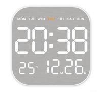 Sveglia moderna a LED con ampio display chiaro di ora, data, temperatura e sveglia, cinque livelli di luminosità regolabili, formato 12/24 ore, per telaio in plastica resistente (guscio bianco)