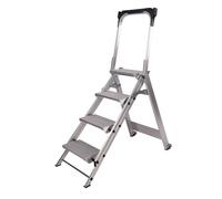 Svelt Sgabello Industriale Professionale Richiudibile in Alluminio a Tronco Unico - 4 Gradini Antiscivolo, Guarda-Corpo, Ruote, Vaschetta Porta-Attrezzi - Certificato