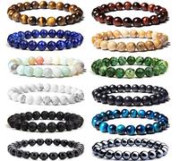 Svovin 12 braccialetti con perline da 8 mm, unisex, con pietre semi-preziose, elastiche, rotonde, con cristalli