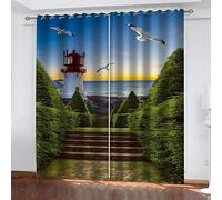 SVTUSR Tende Oscuranti Termiche Isolanti Per Interni Finestre, Tende Camera Da Letto Bambini Soggiorno Moderne 2 Pezzi 200X160Cm 3D Faro Dell'Alba Con Vista Sul Mare Motivo Decorazione Da Finestre
