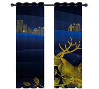 SVTUSR Tende Termiche Isolanti Per Interni, 3D Vista Sulla Città Dei Cervi Dorati Blu Intenso Motivo Tenda Oscurante Con Occhielli, Tende Casa Moderne Soggiorno Camera Da Letto 280X260Cm 2 Pannelli