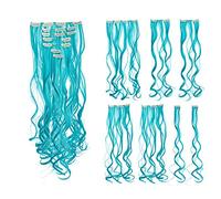 SWACC 7 pezzi Full Head Party Highlights Clip on in Hair Extensions Colored Hair Streak Synthetic Hairpieces (20-Inch Curly, Teal Blue)