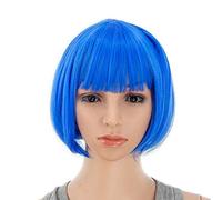 SWACC Parrucca corta e dritta da 25,4 cm, con frangia, sintetica, colorata, per cosplay, feste quotidiane, con cuffia per parrucca (blu)