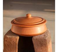 Swadeshi Blessings Esclusiva gamma di pentole in argilla non smaltata per Handi/Kadai/terracotta con coperchio per cucinare e servire, con supporto in foglia di palma (rosso, 2,8 litri)