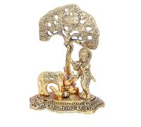 Swadeshi Desire Krishna in metallo con mucca Kamdhenu in piedi sotto l'albero, flauto che suona un albero, articolo regalo, elemento decorativo per la casa e l'ufficio (metallo, oro)
