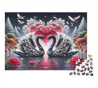 Swan Adult Jigsaw Games Swans with Red Heart And Black Feathers Challenging & Brainteasing for Decompression 70x50cm 1000pcs