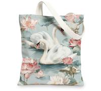 Swan - Borsa tote in tela, elegante design floreale, riutilizzabile, leggera, lavabile, ecologica, con tracolla, per viaggi, spiaggia, picnic, 33 x 38 cm