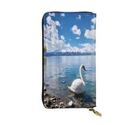 Swan by the Lake - Portafoglio lungo in pelle da donna, 12 scomparti per carte di credito, tasca per monete con cerniera, scomparti per contanti, elegante borsa a mano per uso quotidiano