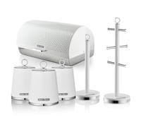 Swan Elegance EEJB445 - Set di contenitori per il pane da 14 l e 3 contenitori da cucina, asta porta asciugamani e albero per tazze, colore: bianco