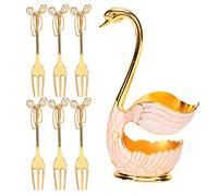 Swan Holder Tableware Set, Coffee Spoons Tea Spoons Dessert Forks Fruit Spoon Set with Elegant Swan Base, Food - Grade Zinc Alloy Cutlery for Home Party Cafe Restaurant Gift (bianco dorato+croce)