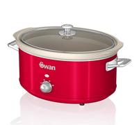 Swan Retro SF17031RNEU - Pentola da cottura lenta, 6,5 l, rimovibile, antiaderente, in ceramica libera PFOA e PTFE a 3 livelli, con coperchio in vetro Slow Cooker, design vintage rosso 320 W
