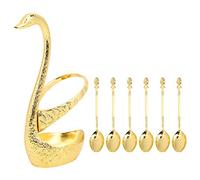 Swan Spoon Holder Set | Zinc Alloy Fruit Dessert Spoons with Carved Holder | Kitchen Tableware for Home/Cafe/Wedding Supplies | 6 Spoons, Food Grade (Modello oro con 6 cucchiai)