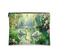 Swan - Trousse da viaggio per cosmetici, romantica, floreale, da donna, portatile, in tela, con cerniera, per festival di primavera, Verde, 7x9 Inch, Cigno