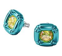 SWAROVSKI Dulcis, orecchini a lobo con cristalli gialli tagliati a cuscino su montatura blu brillante lucido, parte della collezione Dulcis