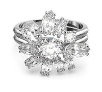 Swarovski Gema Anello Cocktail Fiore, con ZirconiaSwarovski a Taglio Misto e Doppia Fascia, Placcato in Tonalità Rodio, Taglia 55, Bianco