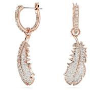 Swarovski Nice Orecchini Pendenti, con Motivo a Piuma, Pavé di Cristalli Swarovski, Placcatura in Tonalità Oro Rosa, Bianco