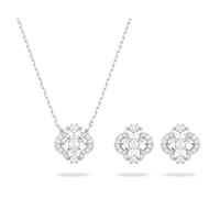 Swarovski Sparkling Dance Set di Collana e Orecchini, Placcato in Tonalità Rodio, con Pietra Centrale a Quadrifoglio e Pavé di Cristalli, Bianco