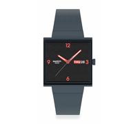 Swatch Orologio Bioceramic con cassa quadrata, quadrante nero testurizzato, dettagli arancione luminoso, cinturino grigio scuro