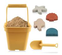 SWAWIS 6 Pezzi Giocattoli da Spiaggia Set,Morbido Silicone Giochi Spiaggia Bambini con Secchiello, Pala, Stella Marina, Sirena,Giallo