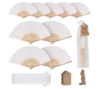 SWAWIS 60 Pezzi Bianco Ventilatore in Tessuto, Ventaglio Pieghevoli con 60 Sacchetti di Organza e Biglietti di Ringraziamento, Ventagli di Bambù Colore Solido per Matrimoni Decorazioni Battesimo DIY