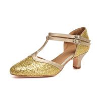 SWDZM Salsa Moderna Tango Valzer Scarpe da Ballo Latino Americano Donna Chiuse Glitter,Oro,Tacco 5cm,Suola in Scamosciato,38.5EU