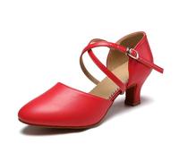 SWDZM Scarpe da Ballo Latine da Donna Punta Chiusa Festa di Nozze Salsa Tango Scarpe da Ballo performanti,FT-188,Rosso,Tacco-5CM,EU 38.5