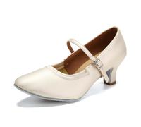 SWDZM Scarpe da Ballo Latino da Donna Punta Chiusa Salsa Tango Valzer Character da Sala,Bianco Sporco,Tacco 5cm,Camoscio,40 EU