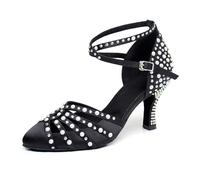 SWDZM Scarpe da Ballo Punta Chiusa Donna Perle e Strass Salsa Tango Scarpe da Ballo Latino Party,Tacco-7.5cm,Nero,EU 39